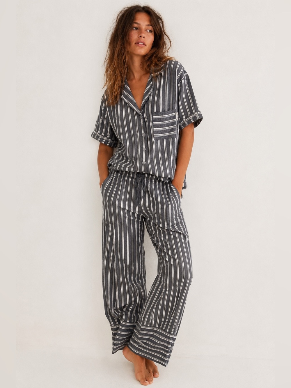 Lake & Dawn Cotton Linen Striped Pajama Set Gray White Button Up set